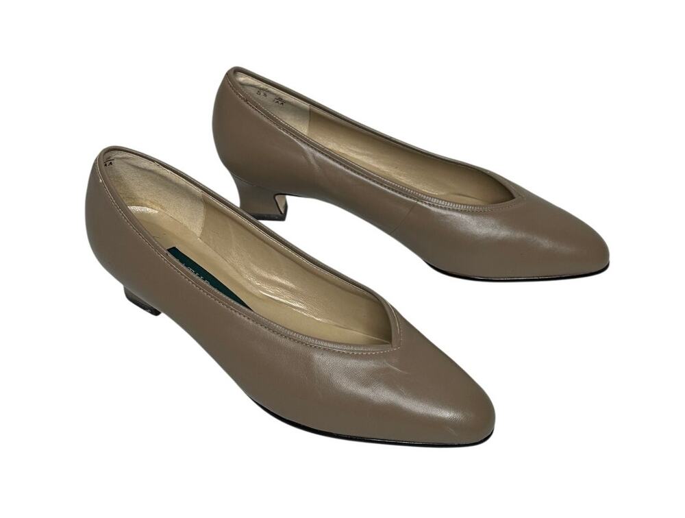 Vintage Gray Leather Slip On Kitten Heels Pointed V-Vamp Office Siren Shoes 5.5